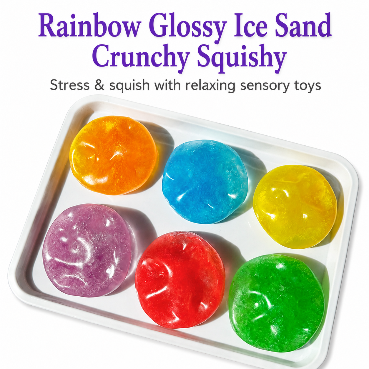 Rainbow Glossy Ice Sand Crunchy Squishy Ball - Soft TPR Stress Relief Fidget Toy, ASMR Satisfying Sandy Sour