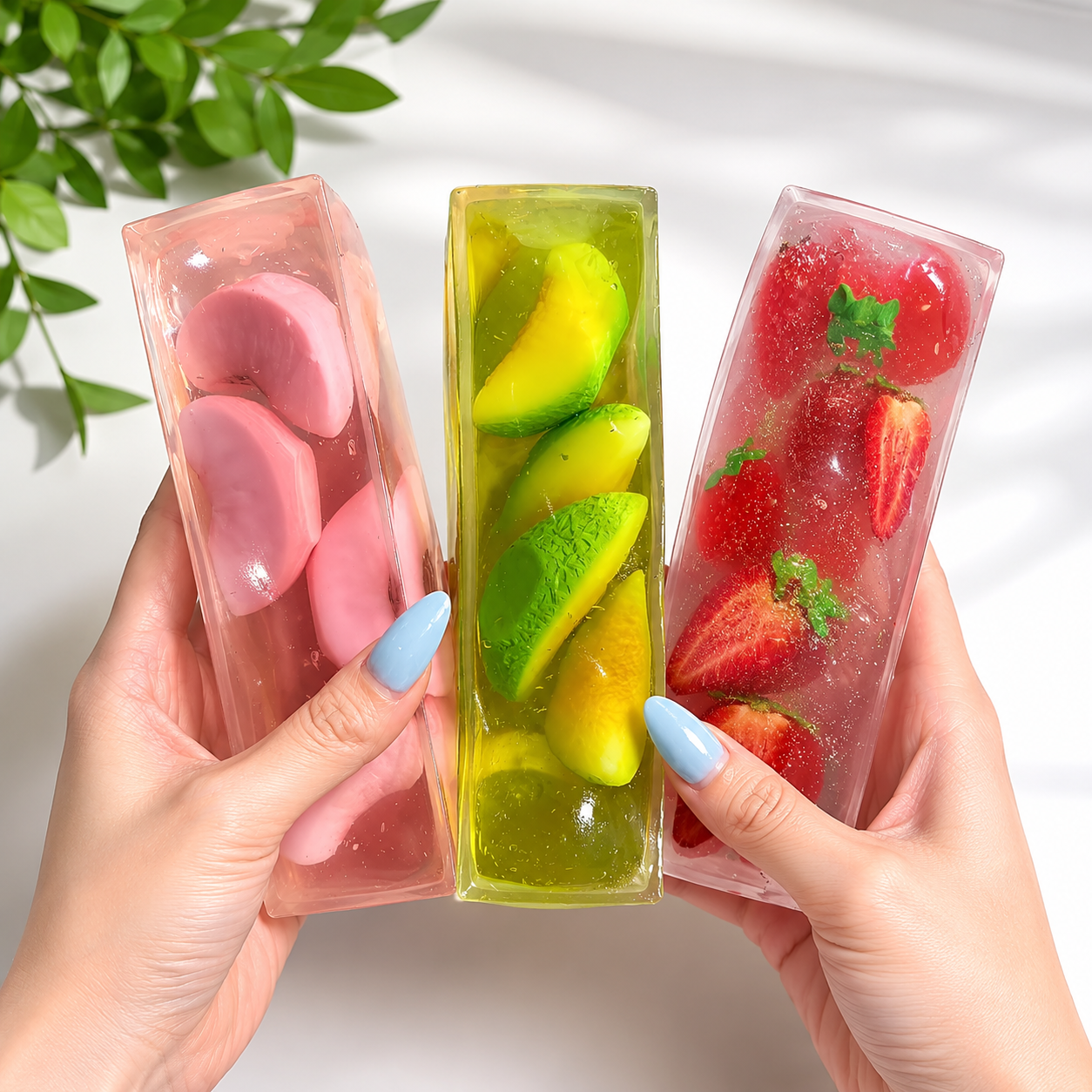 Wagashi Style Long Strip Gel Squishy Squeeze Toy, Soft TPR Slow Rising Fidget Toy with Inner Fruit Charms, Ac