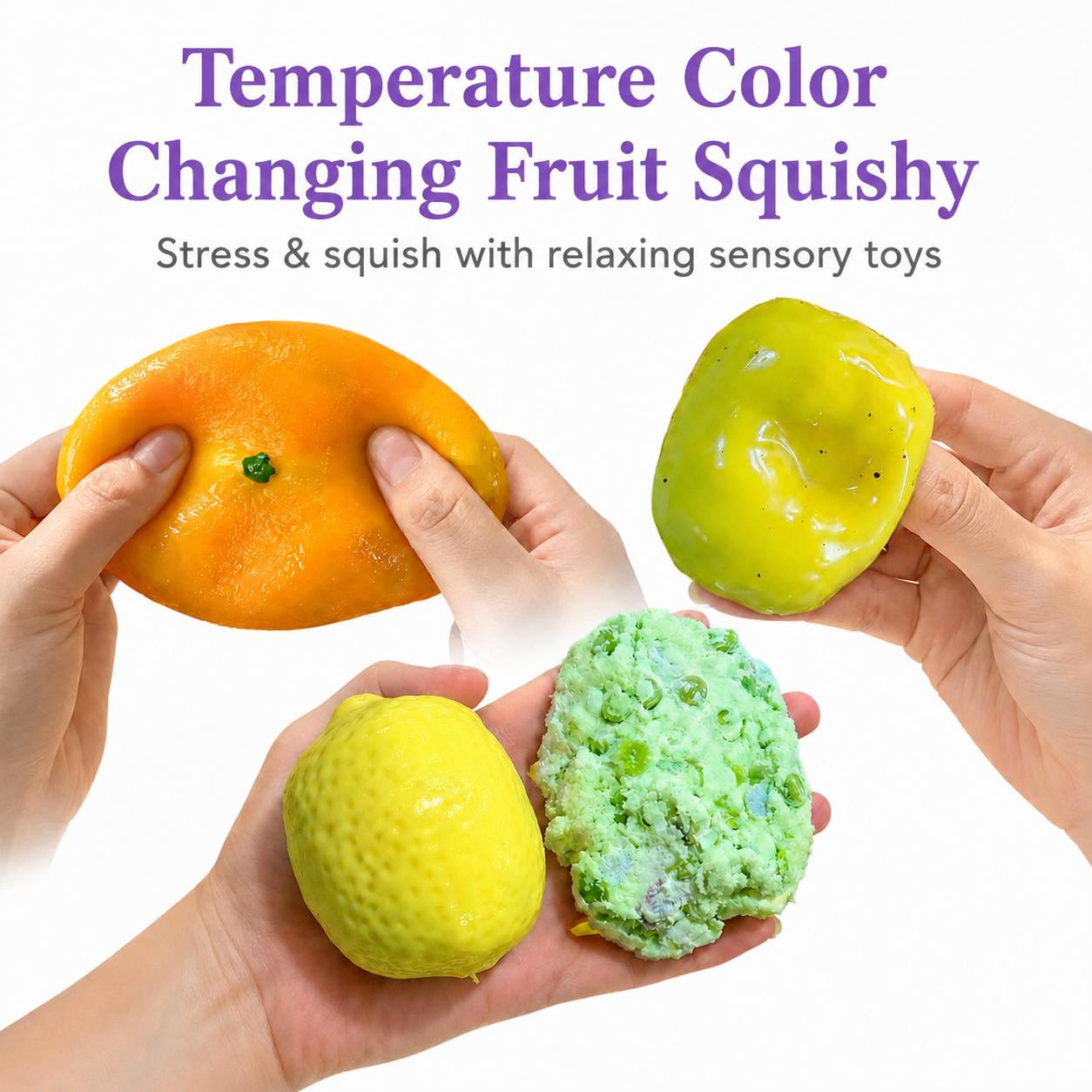 Temperature Color Changing Moldable Fruit Squishy - Soft TPR Stress Relief Fidget Toy, ASMR Satisfying Sque